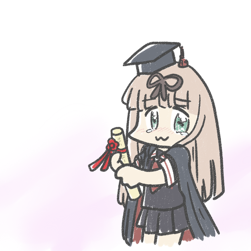 1girl :3 black_cape black_serafuku black_shirt blonde_hair cape commentary_request cowboy_shot diploma feet_out_of_frame ferret-san graduation green_eyes green_skirt hair_ribbon hat kantai_collection long_hair mortarboard neckerchief negative_space pleated_skirt red_neckerchief ribbon sailor_collar sailor_shirt school_uniform serafuku shirt skirt solo tears white_sailor_collar yuudachi_(kancolle)