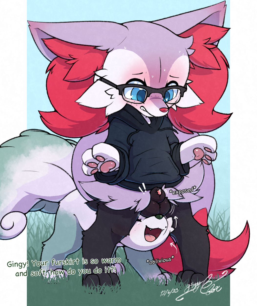 alolan_form alolan_vulpix animal_genitalia anthro anthro_on_feral balls bestiality biped black_body black_fur blue_eyes bodily_fluids bottomless bottomless_male braixen clothed clothing digitigrade embarrassed eyewear female feral freckles fur generation_6_pokemon genital_fluids genitals gingy_(gingy_k_fox) gingy_k_fox glasses hi_res hoodie juniper_(coffeefly) male male/female male_on_feral meme nintendo oblivious penis penis_tip pokemon pokemon_(species) precum purple_body purple_fur quadruped red_body red_fur regional_form_(pokemon) sheath shiny_pokemon these_aren't_my_glasses topwear white_body white_fur