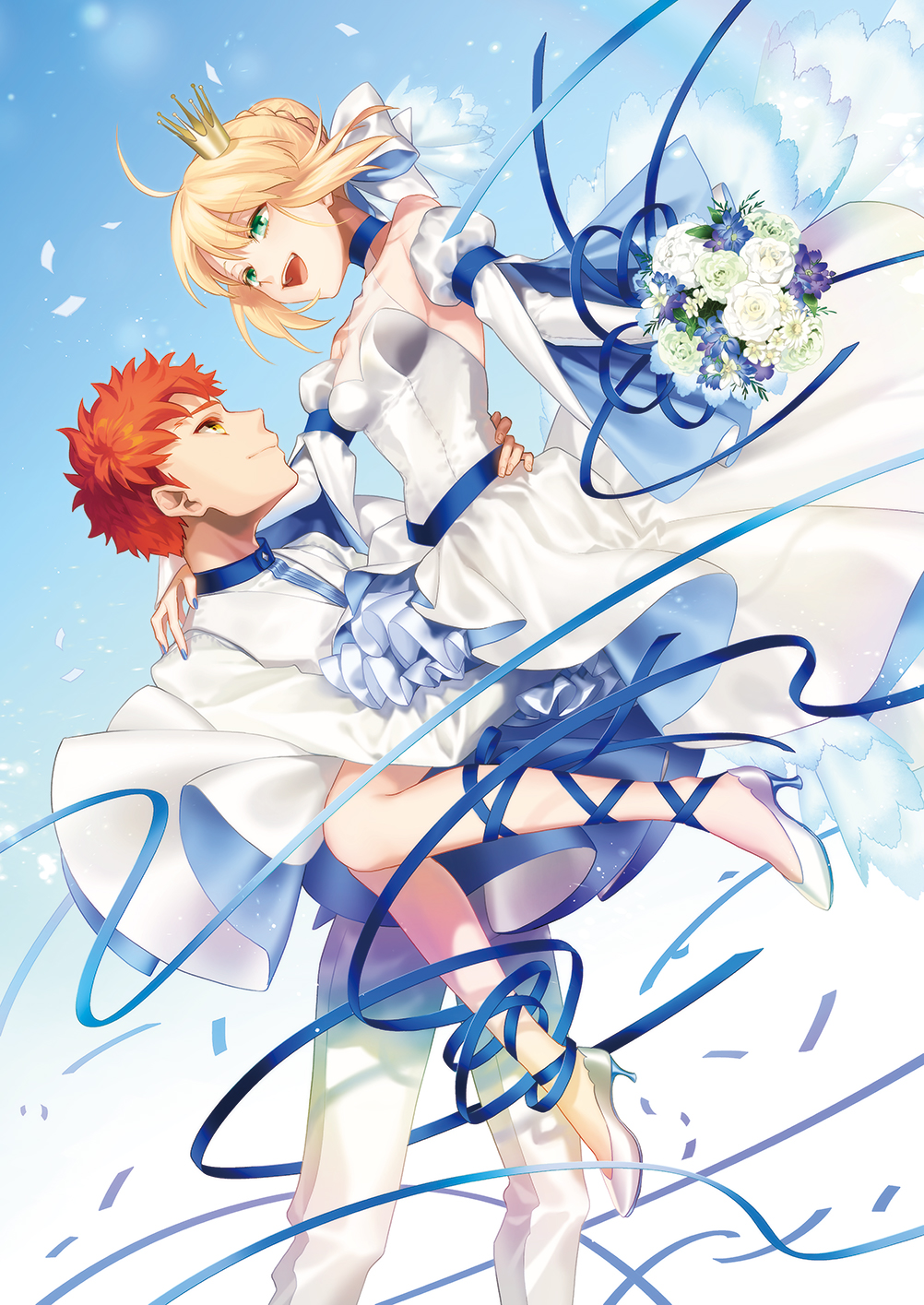 1boy 1girl :d ahoge alternate_costume arm_around_waist artoria_pendragon_(fate) bare_shoulders blonde_hair blue_background blue_choker blue_nails blue_ribbon bouquet bow carrying choker closed_mouth collarbone couple crown detached_sleeves dress emiya_shirou eye_contact fate/stay_night fate_(series) feet_out_of_frame floating_clothes floating_hair flower full_body green_eyes hair_between_eyes hair_bow hair_bun hair_ribbon hand_on_another's_shoulder happy hetero high_heels highres holding holding_bouquet juliet_sleeves knees_together_feet_apart leg_ribbon long_ribbon long_sleeves looking_at_another medium_hair mini_crown nail_polish open_mouth orange_hair otama_(atama_ohanabatake) princess_carry profile puffy_sleeves ribbon rose saber_(fate) short_hair simple_background single_hair_bun smile spiked_hair standing strapless strapless_dress teeth upper_teeth_only wedding_dress white_bow white_dress white_flower white_footwear white_rose white_sleeves yellow_eyes
