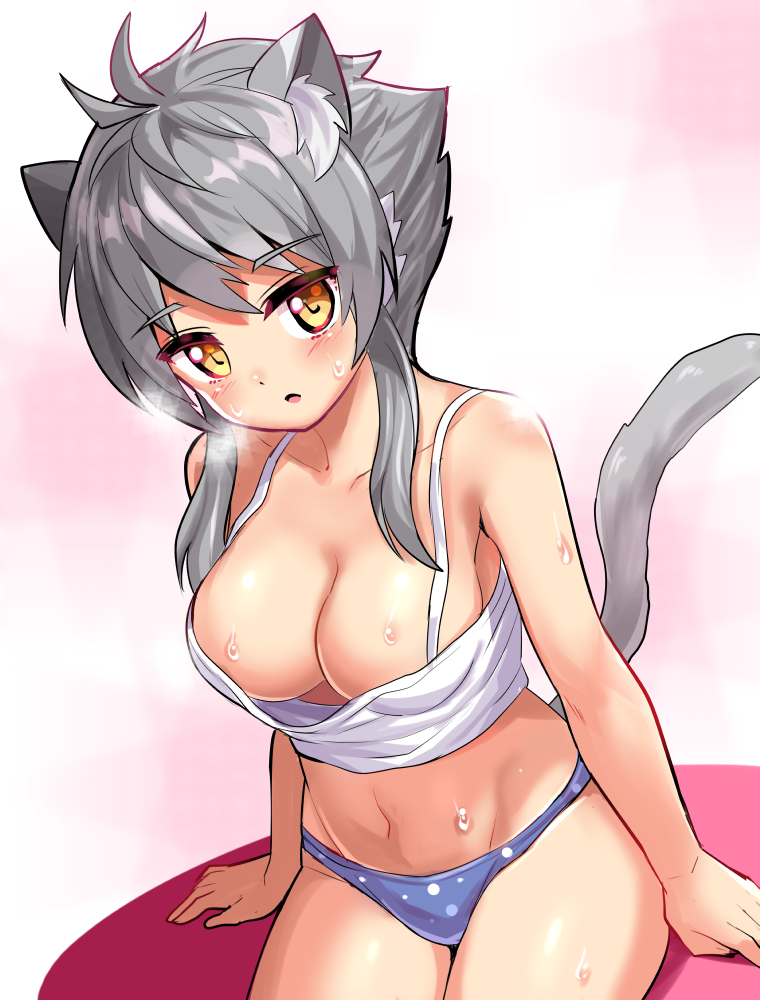 1girl :o animal_ears ashroa_(cougar1404) blue_panties breasts breath camisole cat_ears cat_girl cat_tail cougar_(cougar1404) grey_hair groin looking_at_viewer medium_breasts navel open_mouth original panties polka_dot polka_dot_panties sidelocks sitting solo sweat tail underwear underwear_only white_camisole yellow_eyes