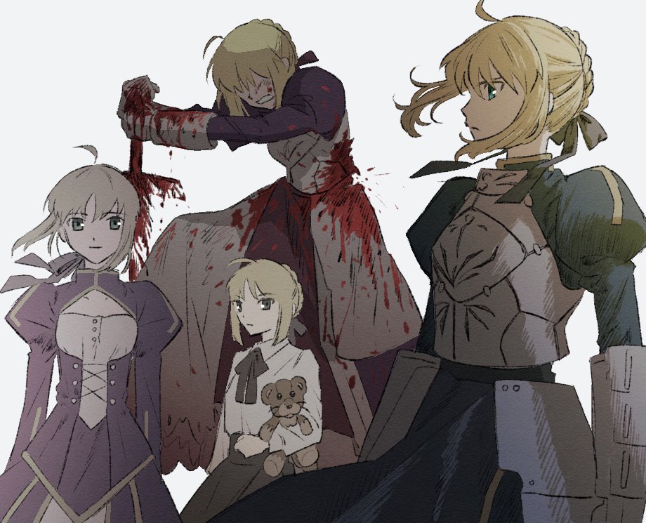 1girl ahoge armor armored_dress artoria_pendragon_(fate) blonde_hair blood blood_on_clothes blood_on_weapon blue_dress blue_ribbon bow bowtie braid closed_mouth collared_shirt deep_wound dress fate/stay_night fate_(series) fauls from_side gauntlets green_eyes hair_ribbon injury invisible_air_(fate) juliet_sleeves light_smile long_sleeves looking_ahead looking_at_viewer m_12170 multiple_views puffy_sleeves ribbon saber_(fate) shirt short_hair sidelocks simple_background solo_focus stuffed_animal stuffed_lion stuffed_toy weapon white_background white_shirt wind