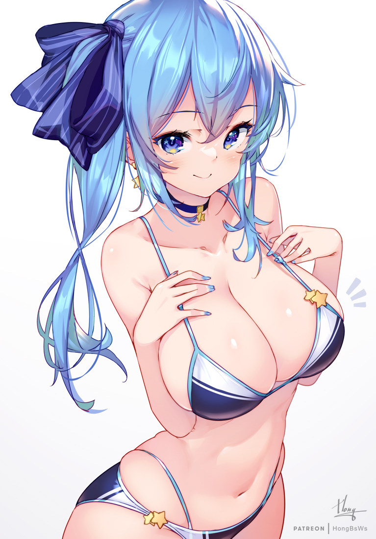 1girl alternate_breast_size bikini blue_bikini blue_choker blue_eyes blue_hair blue_nails blue_ribbon breasts choker cleavage closed_mouth collarbone hair_ribbon high_side_ponytail hololive hong_(white_spider) hoshimachi_suisei large_breasts long_hair looking_at_viewer navel ribbon simple_background smile solo stomach strap_gap swimsuit virtual_youtuber white_background