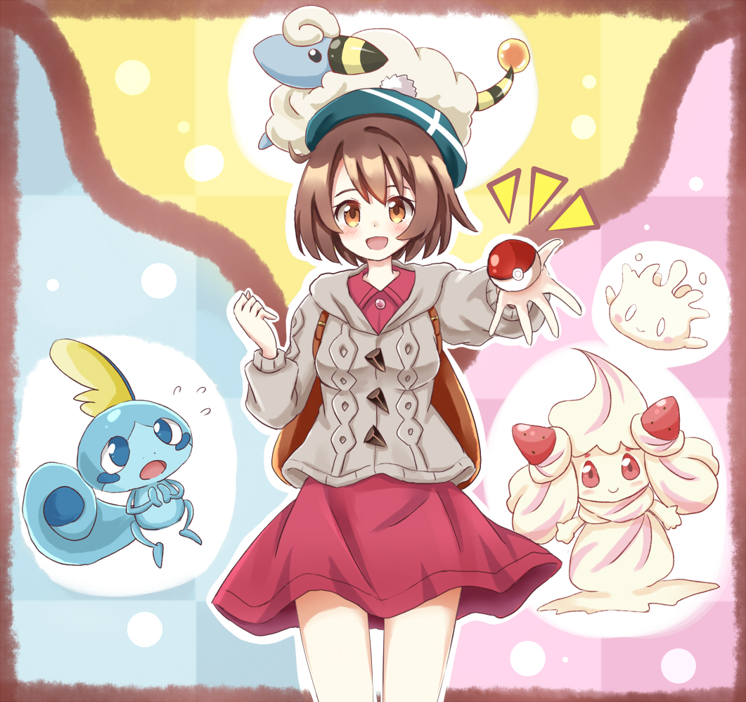 1girl :d alcremie alcremie_(strawberry_sweet) backpack bag blush brown_hair dress gloria_(pokemon) grey_jacket hachimi hat holding holding_poke_ball jacket looking_at_viewer mareep milcery open_mouth poke_ball poke_ball_(basic) pokemon pokemon_(creature) pokemon_swsh red_dress short_hair smile sobble