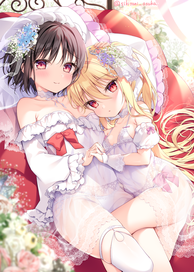 2girls artist_name bare_shoulders black_hair blonde_hair blush bow breasts choker cleavage closed_mouth couch dot_nose dress fingerless_gloves flower frilled_dress frills gloves hair_between_eyes hair_flower hair_ornament holding_hands legwear_garter light_smile long_hair long_sleeves looking_at_viewer lying misskey.io_username multiple_girls on_back on_couch on_side original over-kneehighs panties parted_lips red_bow red_eyes shikitani_asuka short_hair sitting small_breasts strapless strapless_dress thigh_strap thighhighs thighs twitter_username underwear veil very_long_hair wedding_dress white_dress white_panties white_thighhighs wide_sleeves