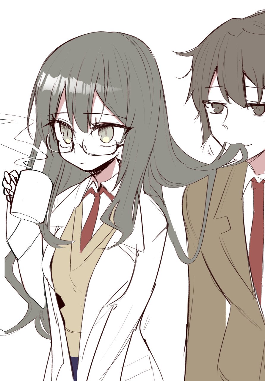 1boy 1girl biting_hair character_request closed_mouth coffee coffee_mug cup expressionless futaba_rio glasses grey_eyes grey_hair half-closed_eyes highres holding holding_cup lab_coat mug necktie open_clothes red_necktie school_uniform seishun_buta_yarou shirousa shirt steam unbuttoned vest white_background white_shirt