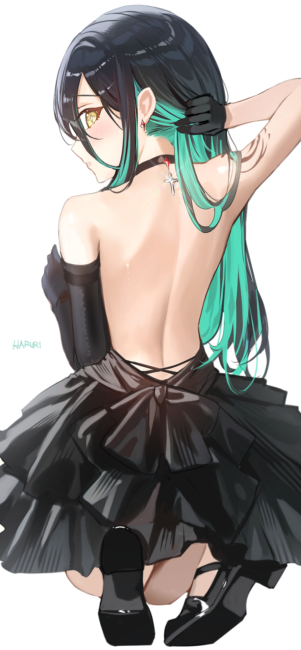 1girl aqua_hair asymmetrical_gloves backless_dress backless_outfit bare_back bare_shoulders black_choker black_dress black_footwear black_gloves black_hair blush choker colored_inner_hair commentary commission dress earrings elbow_gloves gloves haruri highres jewelry long_hair looking_at_viewer multicolored_hair original pixiv_commission shoes short_dress sidelocks solo very_long_hair yellow_eyes