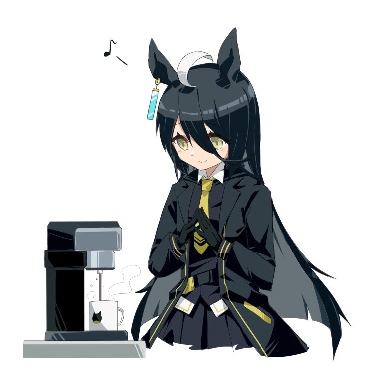 1girl ahoge animal_ears black_gloves black_hair black_shirt black_skirt blush brown_eyes closed_mouth coffee coffee_maker collared_shirt cup dress_shirt eighth_note gloves hair_between_eyes horse_ears long_hair manhattan_cafe_(umamusume) mug musical_note necktie nejikyuu pleated_skirt shirt simple_background skirt smile solo steam steepled_fingers umamusume very_long_hair white_background yellow_necktie