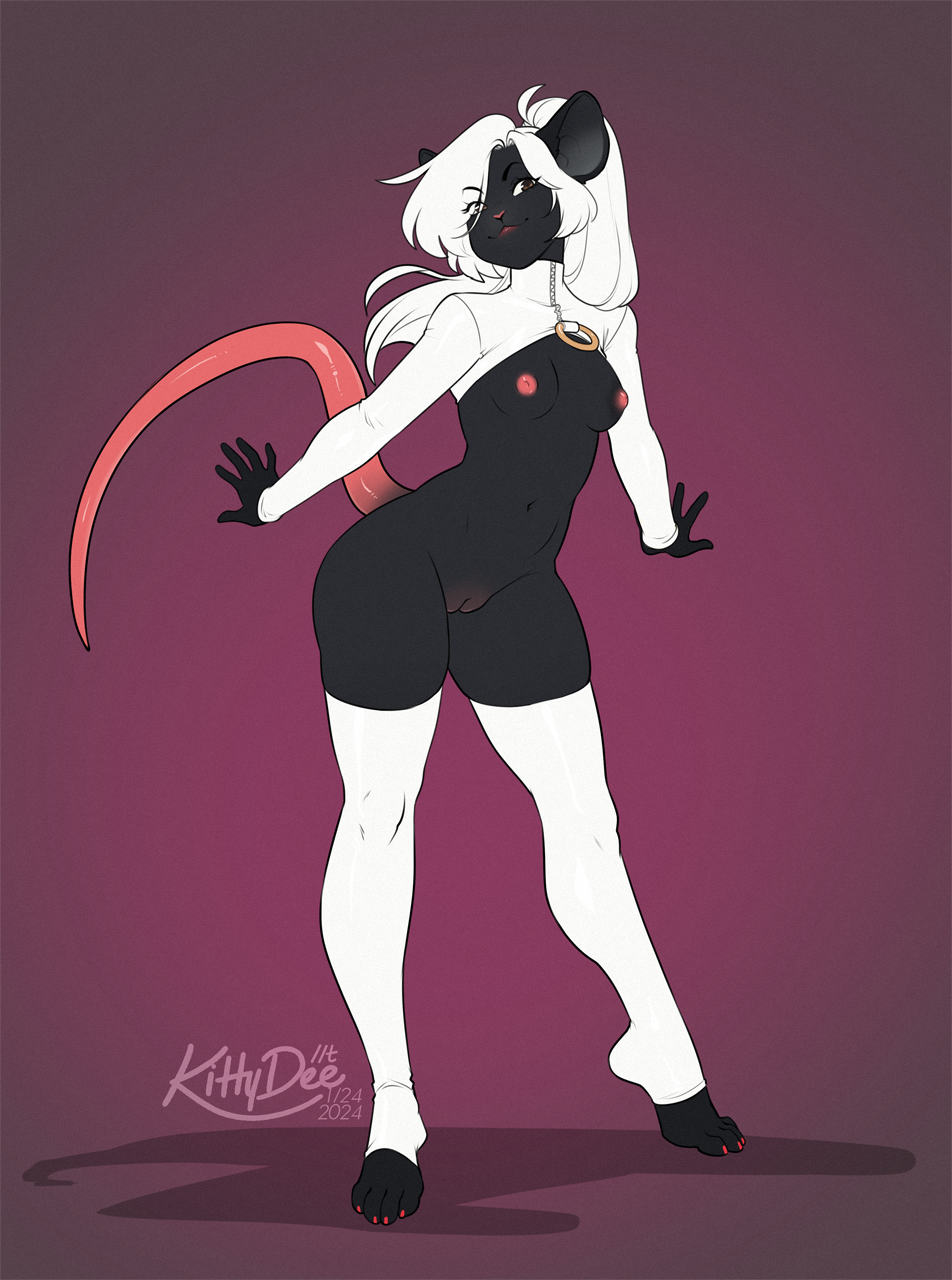 anthro black_body black_fur breasts claws clothed clothing female fur genitals hair hi_res kittydee legwear long_sleeves looking_at_viewer mammal mouse murid murine nipples partially_clothed pussy rodent small_breasts smile solo thigh_highs toe_claws topwear white_clothing white_hair