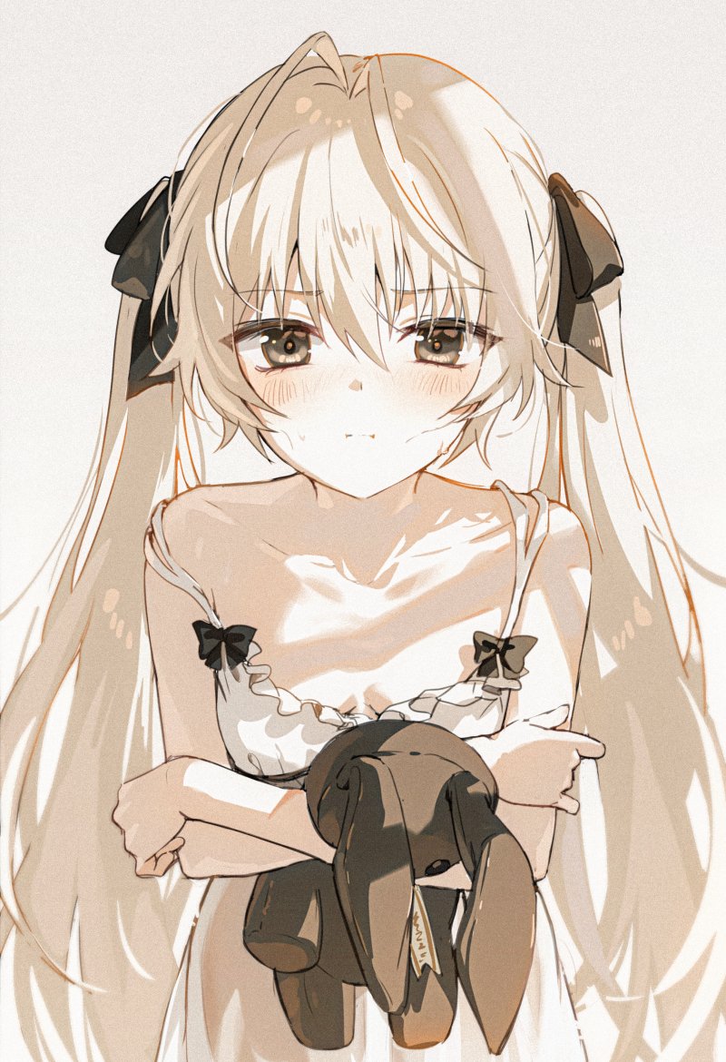 1girl antenna_hair bare_arms bare_shoulders black_ribbon blush breasts breasts_apart brown_eyes closed_mouth collarbone crossed_arms dress grey_background hair_ribbon kasugano_sora long_hair looking_at_viewer ribbon ribbon-trimmed_dress simple_background small_breasts solo spaghetti_strap strap_slip stuffed_animal stuffed_rabbit stuffed_toy tokkyu twintails very_long_hair white_hair yosuga_no_sora