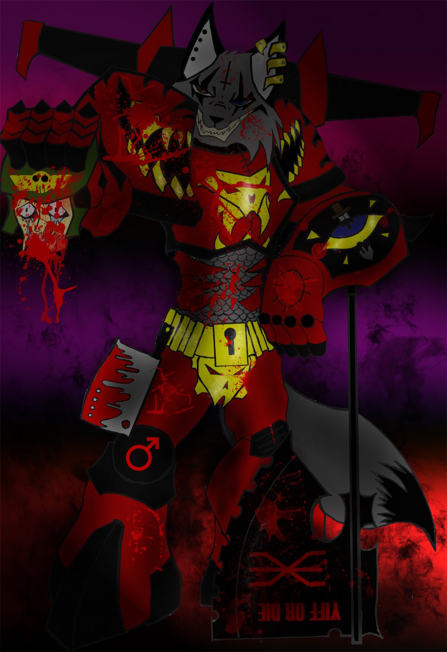 anthro armor axe blood bloodstain bodily_fluids canid canine canis chainaxe chainmail chaos_space_marine chaos_star cross decapitation ear_piercing gender_symbol gore gunwolf hatchet heterochromia hi_res imperial_guard inverted_cross khorne_berzerker khorne_mark machine male male_symbol mammal melee_weapon piercing power_armor scalped smile solo sword symbol tail torn_head warhammer_(franchise) warhammer_40000 weapon wolf