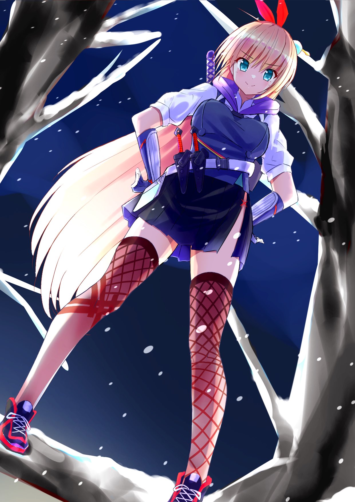 &gt;:) 1girl aqua_eyes bare_tree blonde_hair blue_gloves blue_skirt closed_mouth commentary cross-laced_footwear dutch_angle fingerless_gloves foot_out_of_frame from_below gloves hair_between_eyes hair_ribbon hands_on_own_hips heaven_burns_red highres hip_vent kanzaki_adelheid kunai long_hair long_sleeves looking_at_viewer looking_down miniskirt night outdoors pleated_skirt puffy_long_sleeves puffy_sleeves red_footwear red_ribbon red_thighhighs ribbon shirt shoes skirt smile smug sneakers snowing solo split_mouth standing standing_on_branch straight_hair thighhighs tree v-shaped_eyebrows very_long_hair weapon white_shirt winter yoanium zettai_ryouiki