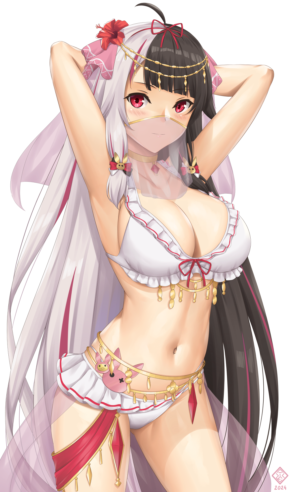 1girl ahoge alternate_costume arabian_clothes arcie_albano armpits arms_behind_head arms_up artist_logo ass_visible_through_thighs belly_chain bikini blush body_chain breasts brown_hair collarbone cowboy_shot diagonal_bangs flower frilled_bikini frills gem grey_hair hair_ribbon head_chain hibiscus highres jewelry large_breasts long_hair looking_at_viewer mixed-language_commentary mouth_veil multicolored_hair navel nijisanji open_mouth pink_hair red_eyes red_flower ribbon simple_background smile solo standing stomach streaked_hair swimsuit teeth tress_ribbon two-tone_hair upper_teeth_only veil very_long_hair virtual_youtuber white_background white_bikini yorumi_rena yorumi_rena_(7th_costume)