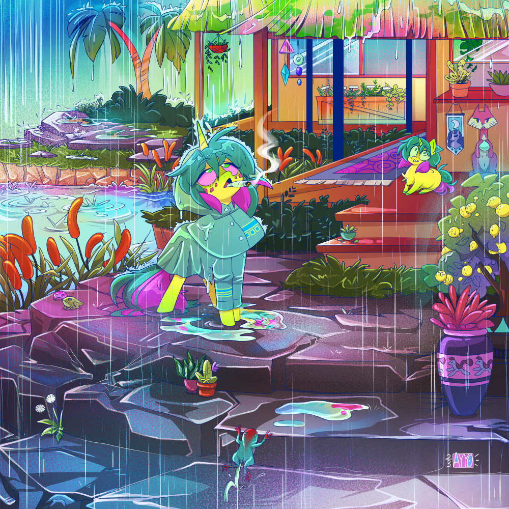 2023 amazing_background ambient_frog ambiguous_gender building cactus cattail_(plant) citrus_tree clothed clothed_feral clothing coat colorful dandelion detailed detailed_background digital_drawing_(artwork) digital_media_(artwork) drugs duo equid equine fan_character feral flower fluffy_pony fluffy_pony_(species) food fruit fruit_tree fur grass green_eyes hasbro hood horn house joint lemon lemon_tree lookabooboo looking_up mammal mane marijuana multicolored_mane my_little_pony open_mouth outside palm_tree pink_sclera plant plant_pot pond potted_plant puddle purple_tail raincoat raining rock rug shaded shrub smoke smoking smoking_joint smoking_marijuana square_crossover stairs standing stoned substance_intoxication succulent tail tapestry teal_tail topwear tree two_tone_mane two_tone_tail unguligrade unicorn water wind_chime yellow_body yellow_fur yellow_horn