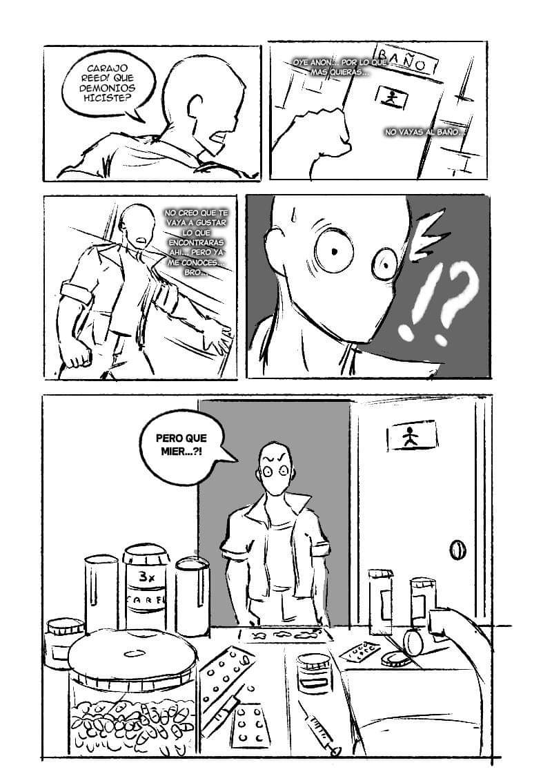 anon_(snoot_game) bald bathroom bottomwear clenched_teeth clothing comic dialogue door drugs faceless_character faceless_human faceless_male goncheeto human human_only jacket male mammal monochrome not_furry pants pill_bottle pills public_restroom shirt sink snoot_game solo spanish_text teeth text topwear