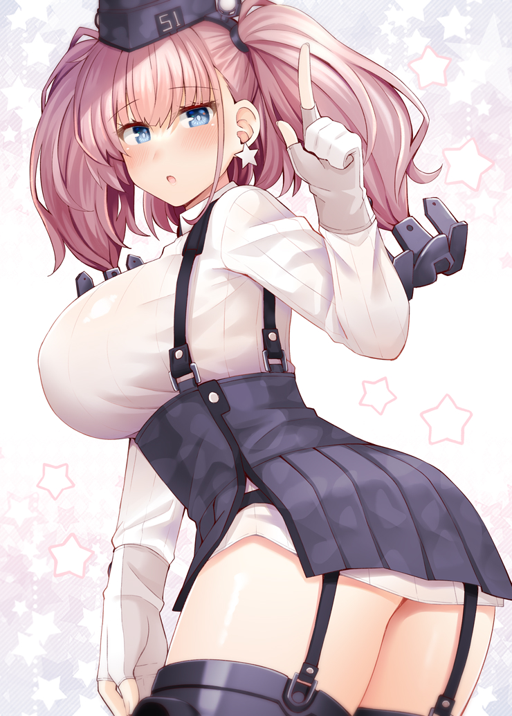 1girl atlanta_(kancolle) black_headwear black_skirt blue_eyes blush breasts brown_hair cowboy_shot earrings garrison_cap garter_straps gloves hat jewelry kantai_collection large_breasts long_hair long_sleeves looking_at_viewer open_mouth partially_fingerless_gloves pleated_skirt rui_shi_(rayze_ray) shirt single_earring skirt solo star_(symbol) star_earrings two_side_up white_gloves white_shirt