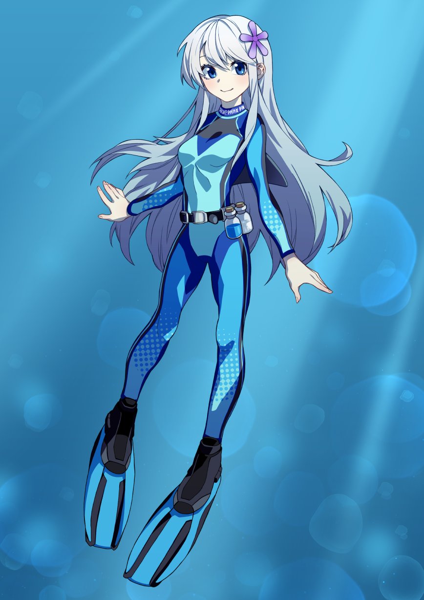 belt belt_buckle blue_eyes blue_wetsuit bodysuit breasts buckle commission diving_suit flippers flower hair_flower hair_ornament highres kamabokopic long_hair looking_at_viewer original potion simple_background skeb_commission small_breasts smile weight_belt wetsuit white_hair