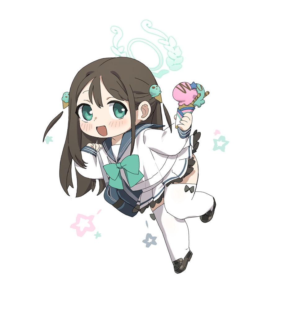 1girl airi_(blue_archive) ass bag black_footwear black_hair blue_archive blush food full_body green_eyes green_halo green_sailor_collar halo holding holding_food ice_cream long_hair long_sleeves looking_at_viewer nemo_(leafnight) open_mouth pleated_skirt sailor_collar school_bag school_uniform serafuku shoes simple_background skirt smile solo thighhighs white_background white_skirt white_thighhighs