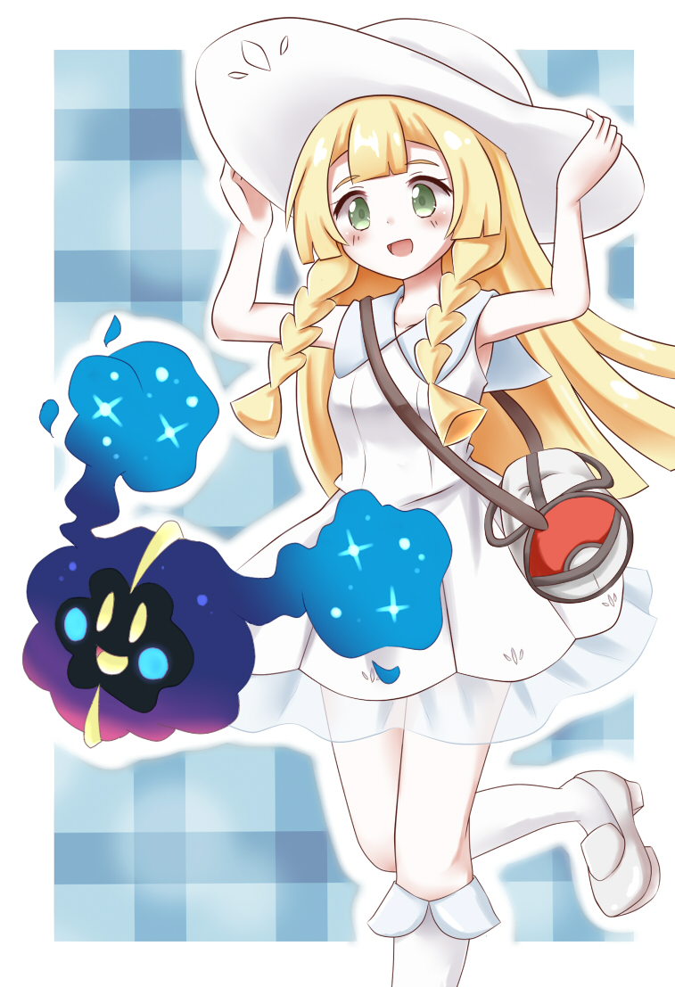 1girl bag bare_shoulders blonde_hair blush boots braid commentary_request cosmog dress green_eyes hachimi hat knee_boots lillie_(pokemon) long_hair open_mouth pokemon pokemon_(creature) pokemon_sm shoulder_bag sleeveless sleeveless_dress sundress twin_braids white_dress white_footwear white_headwear
