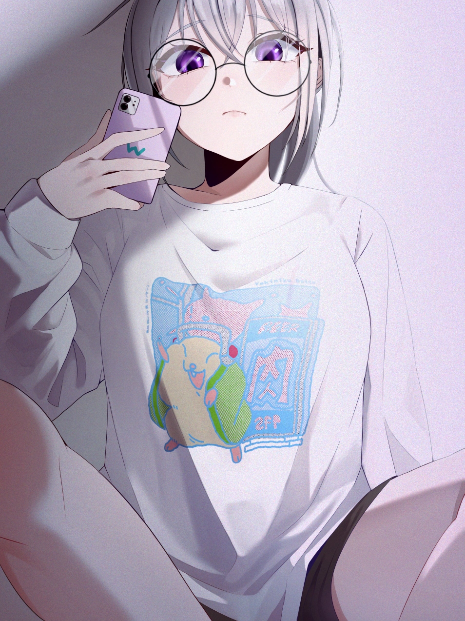 1girl black_shorts cellphone closed_mouth glasses grey_hair highres holding holding_phone indian_style ine_(vtuber) long_hair long_sleeves looking_at_viewer phone ponytail print_shirt purple_eyes round_eyewear shirt short_shorts shorts sitting smartphone sobayaki18 solo virtual_youtuber waktaverse white_shirt