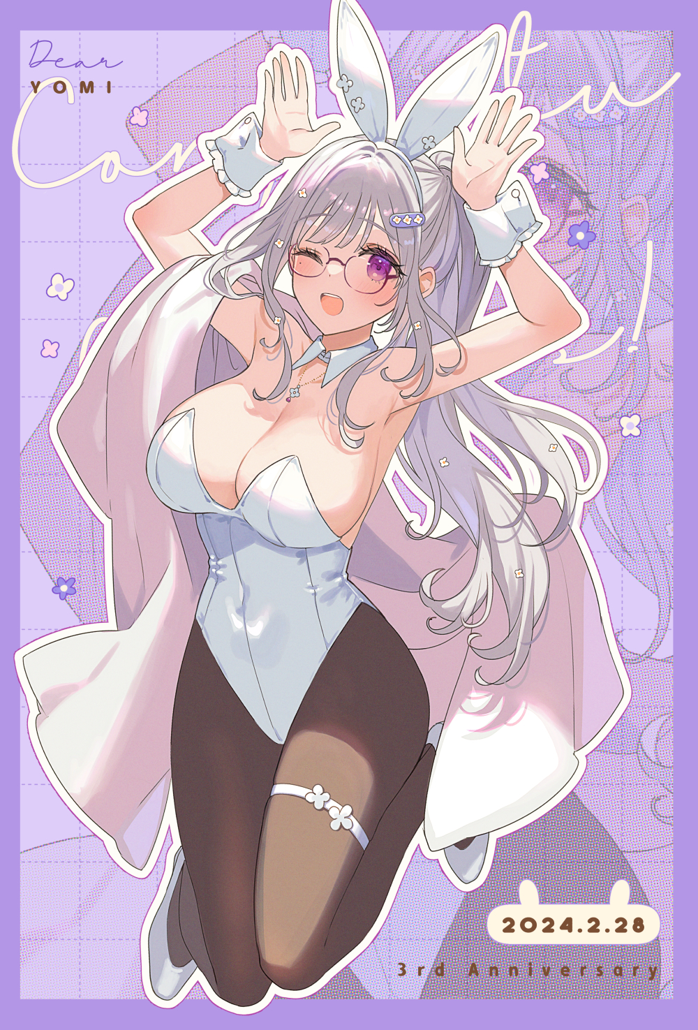 1girl ;d animal_ears anniversary arms_up breasts brown_pantyhose cleavage collar commentary_request dated detached_collar fake_animal_ears full_body grey_footwear grey_hair hair_ornament hairband hairclip highres indie_virtual_youtuber large_breasts leotard long_hair miyako_(xxxbibit) one_eye_closed outline pantyhose playboy_bunny purple_background purple_eyes rabbit_ears rabbit_pose shoes smile solo strapless strapless_leotard thigh_strap very_long_hair virtual_youtuber white_collar white_hairband white_leotard white_outline wing_collar wrist_cuffs yomi_tsumugiha zoom_layer