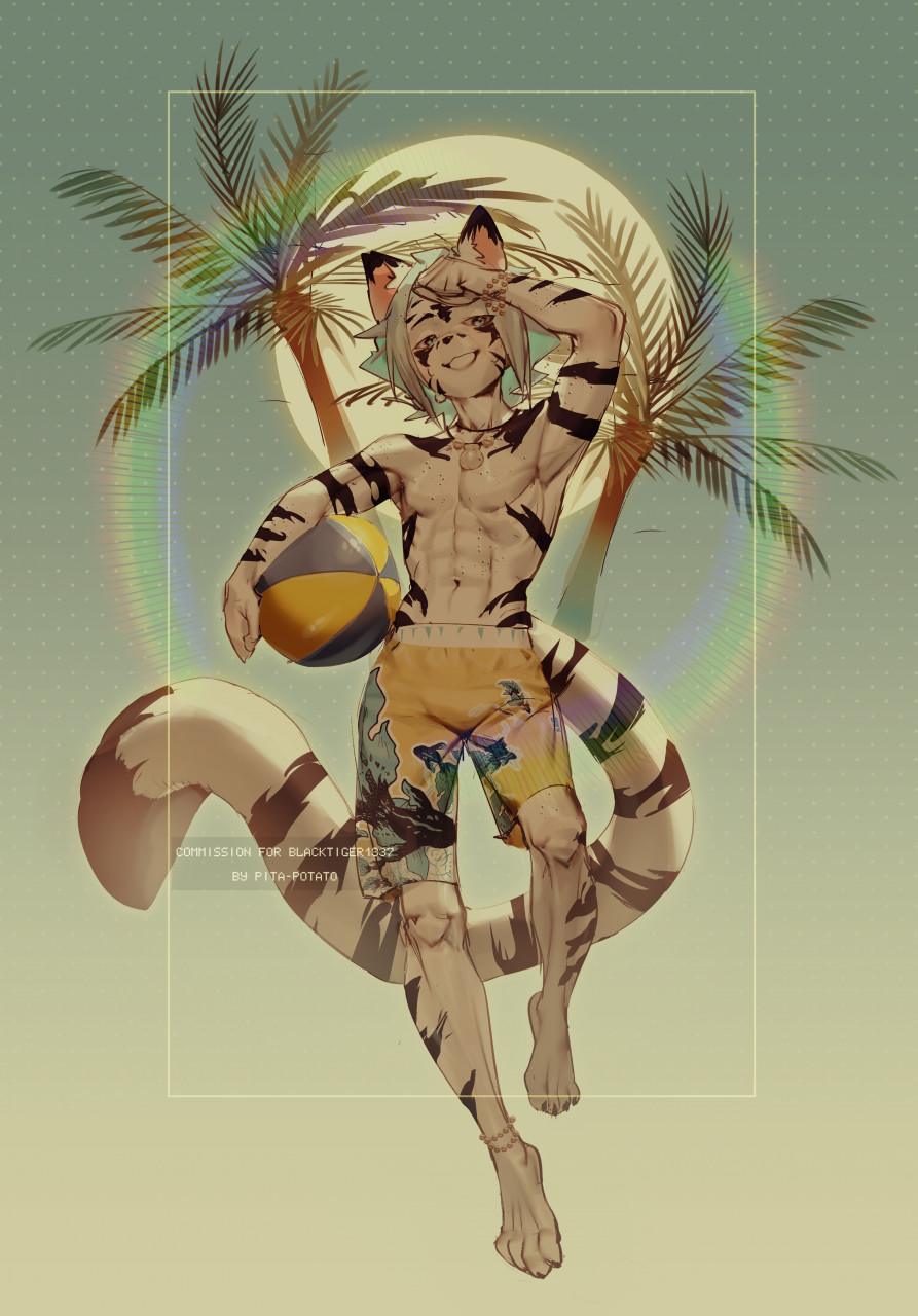 2022 abs anthro athletic athletic_anthro athletic_male ball bracelet clothed clothing feet felid fur hair hi_res jewelry male mammal navel necklace pantherine paws pita_potato simple_background solo swimming_trunks swimwear tail tiger topless volleyball_(ball)