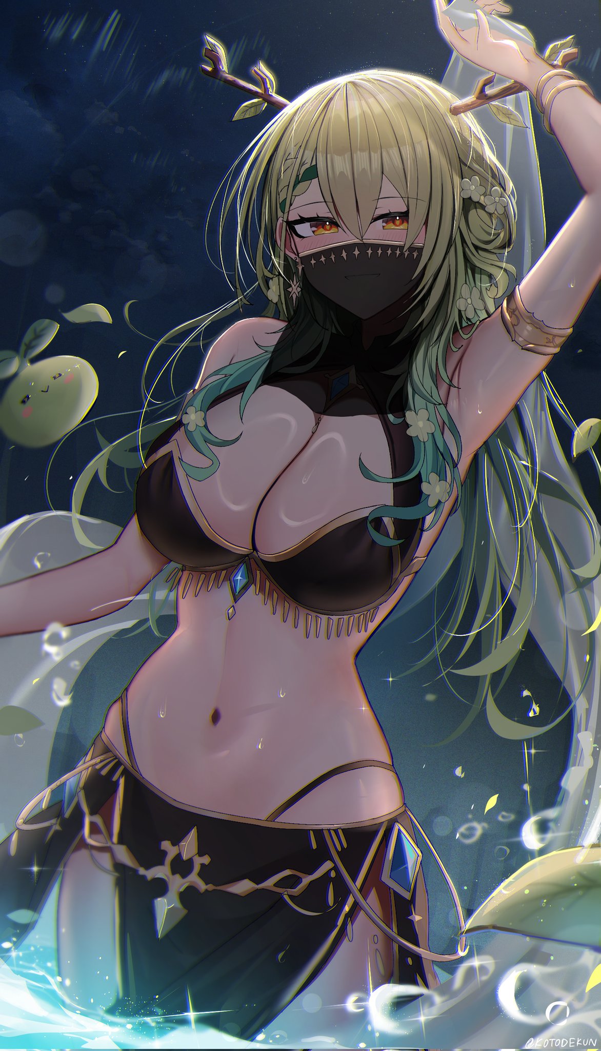 1girl antlers arm_up armlet belly_dancing black_veil braid breasts ceres_fauna cleavage dancer english_commentary flower green_hair hair_flower hair_ornament highleg highleg_panties highres hololive hololive_english horns kotodekun large_breasts long_hair looking_at_viewer mouth_veil navel panties partially_submerged sapling_(ceres_fauna) simple_background solo twitter_username underwear veil virtual_youtuber wet yellow_eyes
