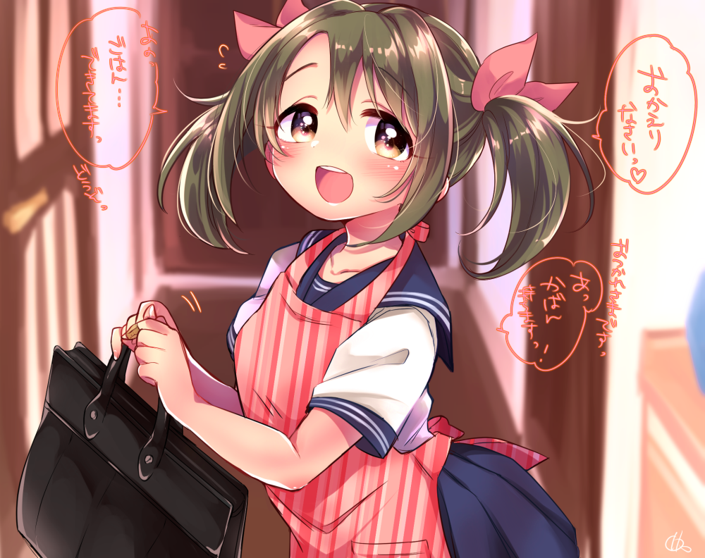 1girl apron bag blue_sailor_collar blue_skirt blurry blurry_background blush bow breasts brown_eyes brown_hair collarbone flying_sweatdrops hair_bow hair_ribbon hands_up heart holding holding_bag idolmaster idolmaster_cinderella_girls idolmaster_cinderella_girls_starlight_stage imai_kana indoors jamu long_hair looking_at_viewer medium_breasts open_mouth pink_ribbon pleated_skirt red_apron ribbon sailor_collar school_uniform serafuku shirt short_sleeves signature skirt smile solo speech_bubble striped_apron striped_clothes teeth twintails upper_teeth_only white_shirt