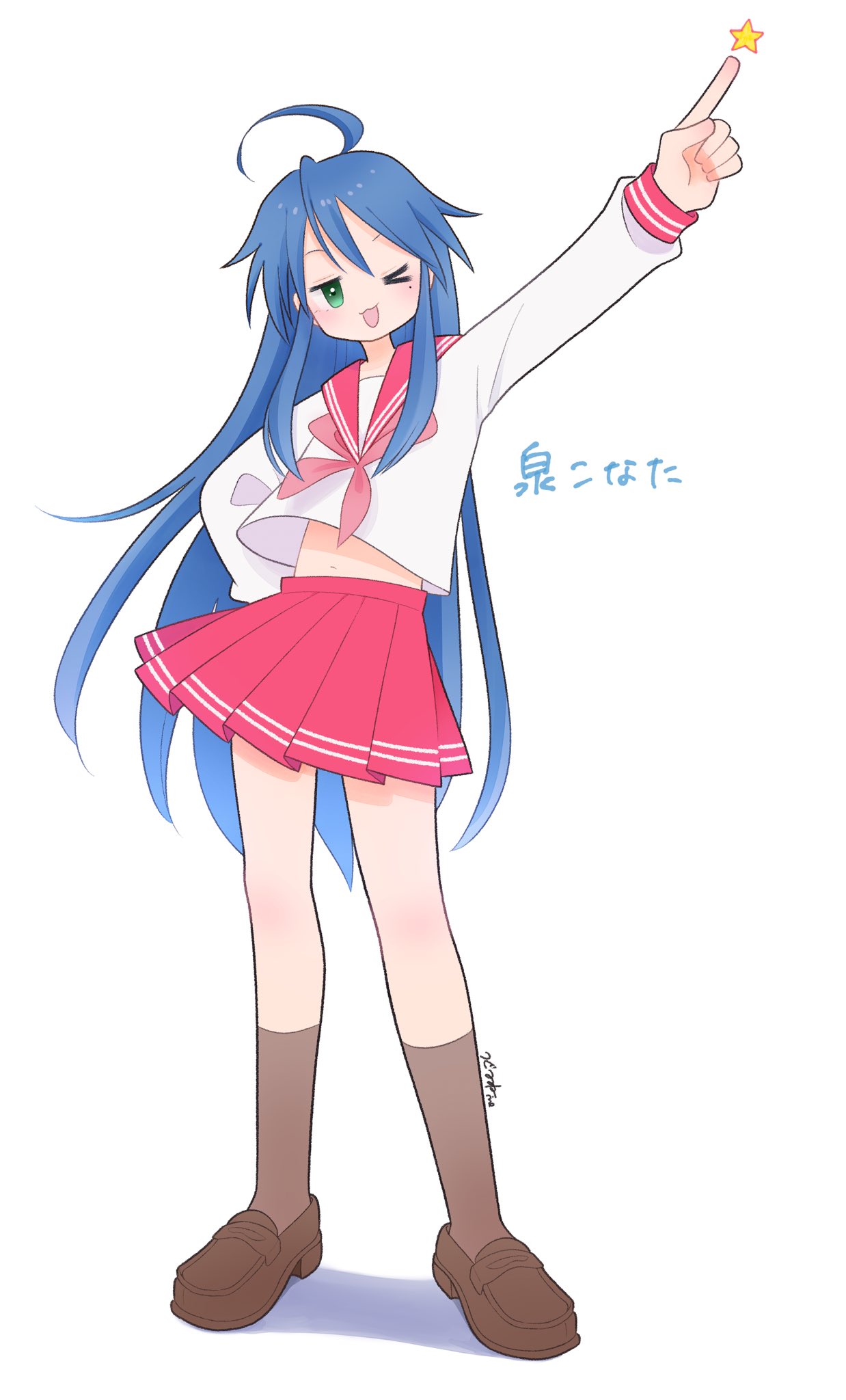 1girl ;d ahoge arm_up blue_hair brown_footwear brown_socks commentary_request green_eyes hand_on_own_hip highres izumi_konata kneehighs loafers long_hair long_sleeves lucky_star midriff_peek mole mole_under_eye navel neckerchief one_eye_closed pink_neckerchief pointing pointing_up red_sailor_collar red_skirt ryouou_school_uniform sailor_collar school_uniform serafuku shoes skirt smile socks solo star_(symbol) translation_request tsugumine winter_uniform