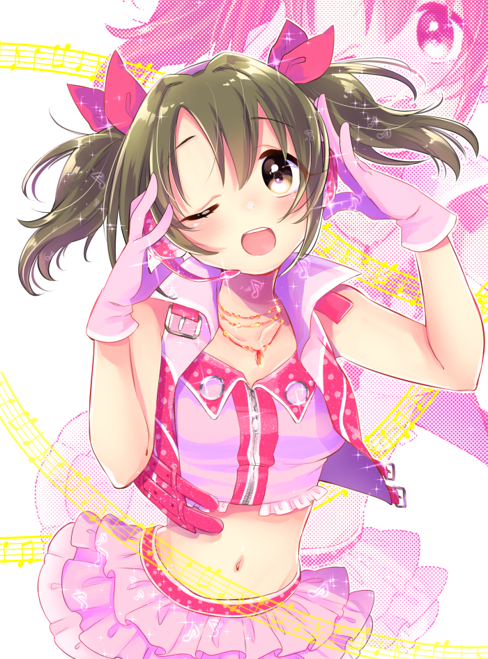 1girl bare_shoulders blush bow breasts brown_eyes brown_hair crop_top cropped_jacket cropped_shirt dot_nose gloves hair_bow hair_ribbon hands_up headset idolmaster idolmaster_cinderella_girls idolmaster_cinderella_girls_starlight_stage imai_kana jacket jamu jewelry layered_skirt long_hair looking_at_viewer medium_breasts midriff musical_note navel necklace one_eye_closed open_clothes open_jacket open_mouth pink_gloves pink_jacket pink_shirt pink_skirt polka_dot polka_dot_background red_ribbon ribbon shirt skirt sleeveless sleeveless_jacket sleeveless_shirt smile solo sparkle teeth twintails upper_teeth_only white_background zoom_layer