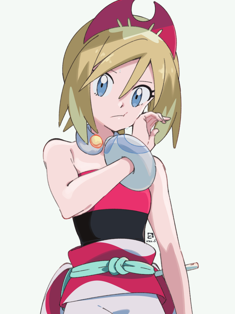 1girl :/ bare_shoulders blonde_hair blue_eyes hairband highres irida_(pokemon) jewelry looking_at_viewer miyahara_takuya neck_ring pokemon pokemon_legends:_arceus red_hairband shirt short_hair solo strapless strapless_shirt upper_body