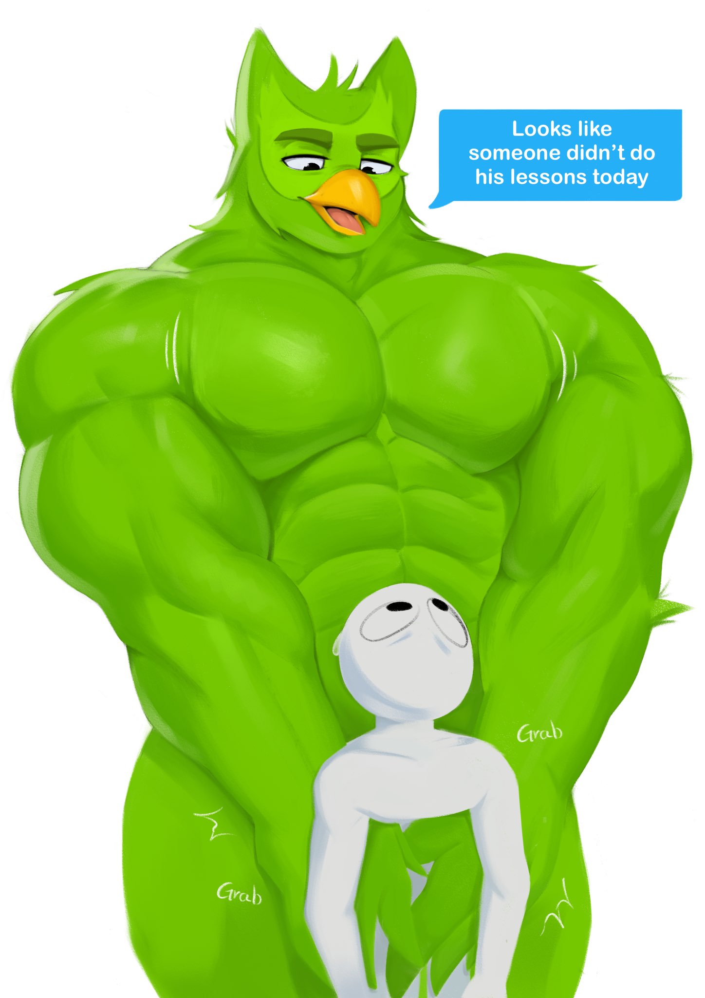 anon anthro avian beak biped bird digital_drawing_(artwork) digital_media_(artwork) doggonut duo_(character) duolingo green_body hi_res male muscular muscular_anthro muscular_male simple_background speech_bubble