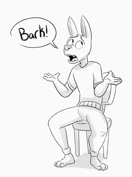 3_toes 4_fingers animated anthro barefoot black_and_white canine chair clothed clothing dog eye_roll front_view fully_clothed komponi long_ears low_res male mammal monochrome open_mouth pants reaction_image shirt shrug simple_background sitting solo speech_bubble toes white_background