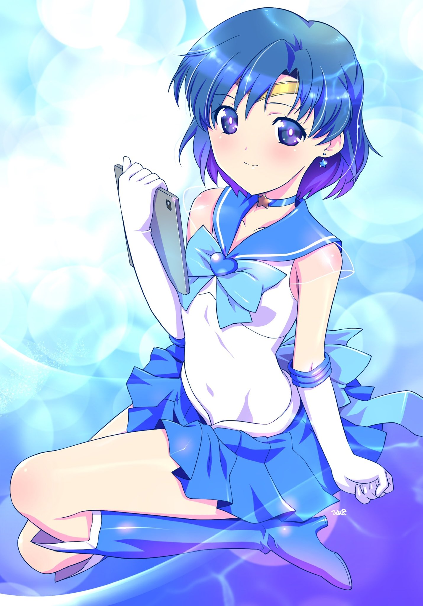 1girl back_bow bishoujo_senshi_sailor_moon blue_choker blue_eyes blue_hair blue_sailor_collar blue_skirt boots bow choker circlet clenched_hand earrings elbow_gloves gloves highres himewachi jewelry magical_girl mizuno_ami sailor_collar sailor_mercury sailor_senshi_uniform short_hair skirt smile solo white_gloves