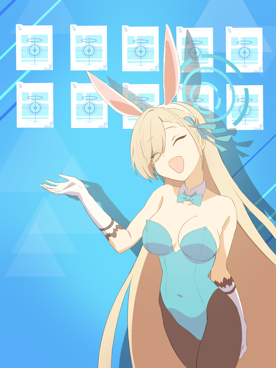1girl ^_^ animal_ears asuna_(blue_archive) asuna_(bunny)_(blue_archive) bare_shoulders black_pantyhose blonde_hair blue_archive blue_bow blue_bowtie blue_halo blue_leotard blue_ribbon bow bowtie breasts cleavage closed_eyes covered_navel detached_collar elbow_gloves eyes_visible_through_hair fake_animal_ears gloves hair_over_one_eye hair_ribbon halo hand_up head_tilt highres kuu_(user_gngs5284) leotard light long_hair open_mouth pantyhose playboy_bunny rabbit_ears ribbon shadow smile strapless strapless_leotard very_long_hair white_gloves