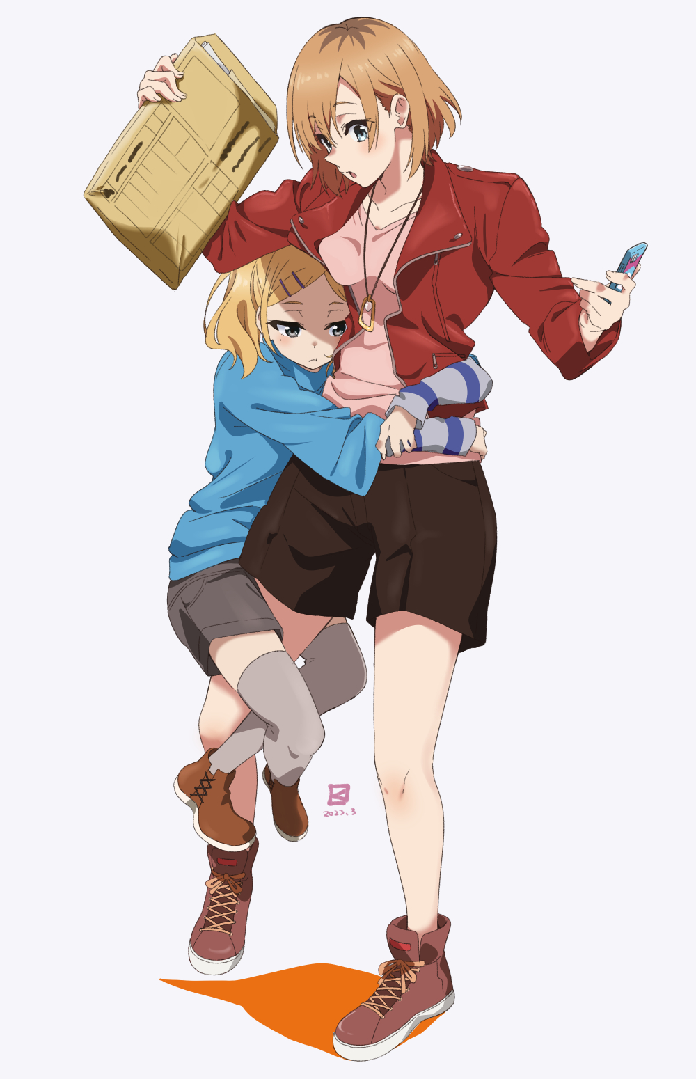 2girls black_shorts blonde_hair blue_eyes blue_sweater blush clinging envelope full_body grey_eyes grey_shorts grey_thighhighs hair_ornament hairclip highres holding holding_phone hug jacket jewelry leg_lock light_brown_hair miyahara_takuya miyamori_aoi mole mole_under_eye multicolored_hair multiple_girls necklace phone pink_shirt red_jacket roots_(hair) shirobako shirt shoes short_twintails shorts sneakers sweater thighhighs twintails yano_erika