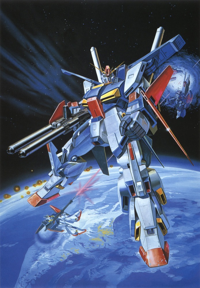 1980s_(style) arm_cannon artist_request battle beam_cannon beam_rifle cloud damaged debris destruction earth_(planet) energy_cannon energy_gun firing gaza-d gundam gundam_zz in_orbit machinery mecha milky_way mobile_suit nebula ocean official_art painting_(medium) planet promotional_art retro_artstyle robot scan shield space star_(sky) starry_background traditional_media ueda_shin weapon zero_gravity zeta_gundam_(mobile_suit) zz_gundam