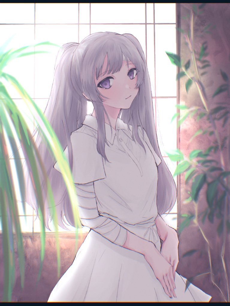 1girl bandaged_arm bandages bandaid bandaid_on_face blank_eyes blouse brown_background cropped_legs expressionless grey_hair hand_on_own_stomach head_tilt idolmaster idolmaster_shiny_colors jitome light light_smile looking_at_viewer looking_to_the_side mmntmrt plant potted_plant purple_eyes shirt skirt solo twintails white_shirt white_skirt window yukoku_kiriko
