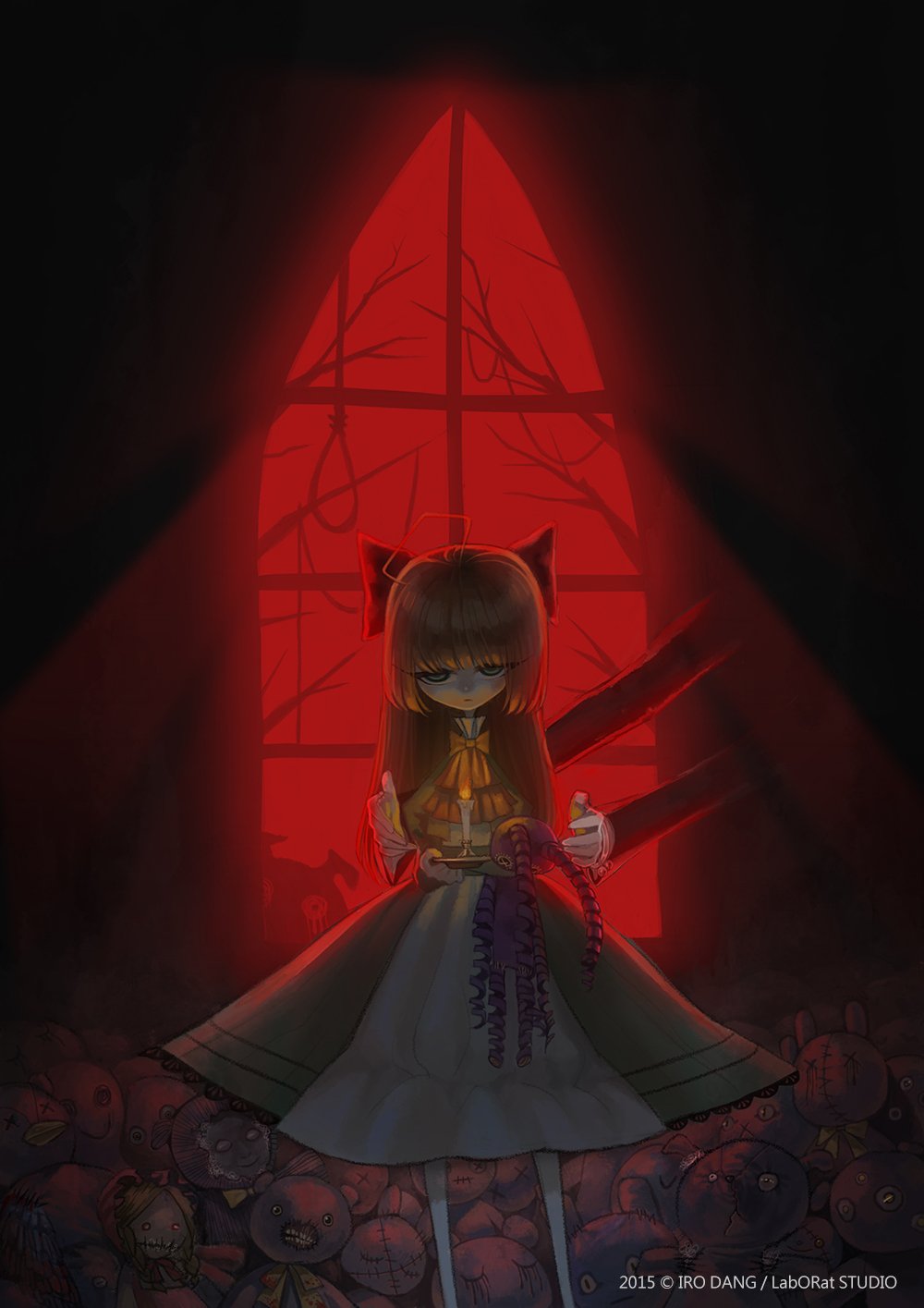 1girl 2015 ahoge ascot bow bowtie brown_hair candle closed_mouth copyright_name disembodied_limb doll dress elisabeth_faust fausts_alptraum green_dress green_eyes hair_bow highres holding holding_plate iro_dang juliet_sleeves light long_hair long_sleeves noose official_art plate puffy_sleeves red_ascot red_bow red_bowtie red_theme standing stuffed_animal stuffed_rabbit stuffed_toy teddy_bear tree very_long_hair window