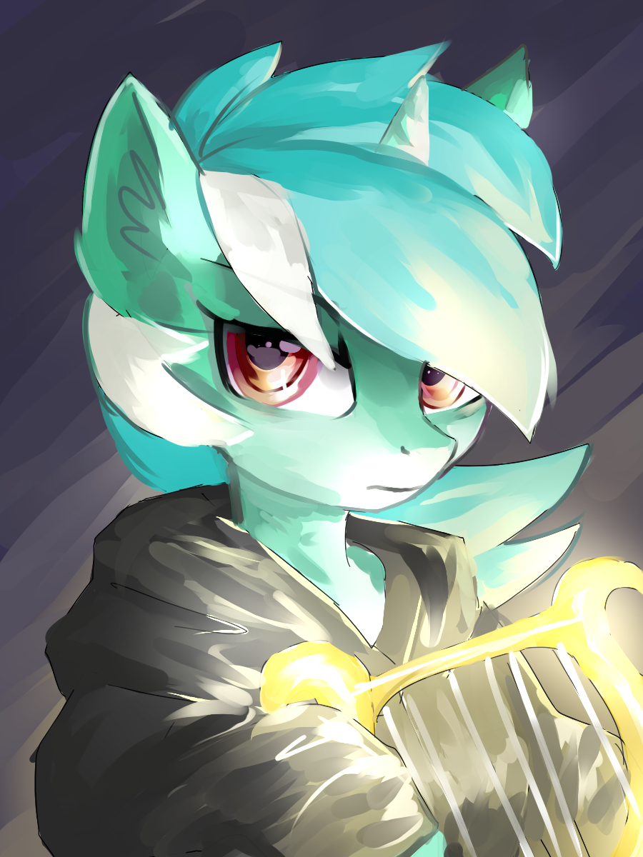 2018 bust_portrait clothed clothing equine fanfic_art female feral friendship_is_magic glowing gold_(metal) hair holding_musical_instrument hoodie horn looking_at_viewer lyra_heartstrings_(mlp) lyre mammal multicolored_hair musical_instrument my_little_pony portrait rosefluff simple_background solo two_tone_hair unicorn