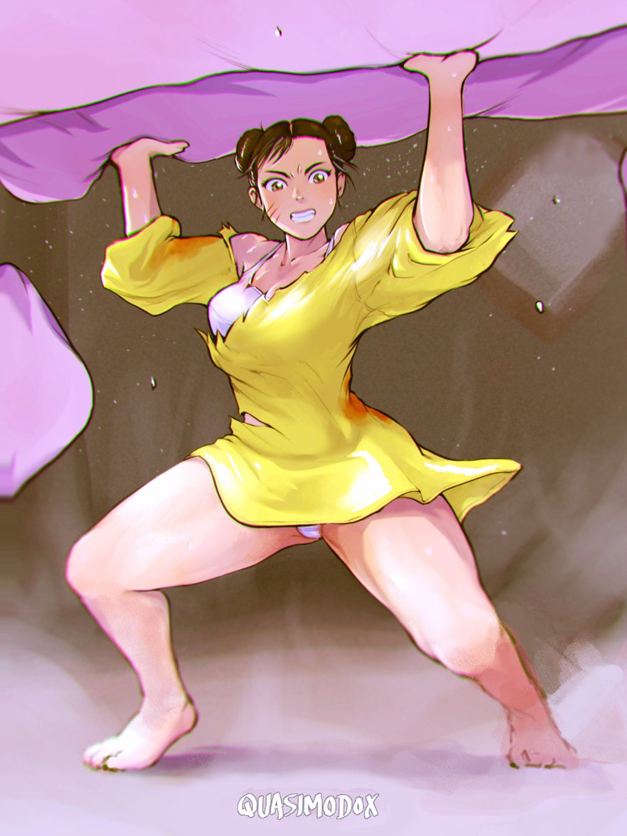 1girl angry artist_name barefoot chinese_text chun-li couch double_bun hair_bun highres muscular muscular_female nightgown pillow quasimodox signature solo street_fighter torn_clothes undershirt white_undershirt