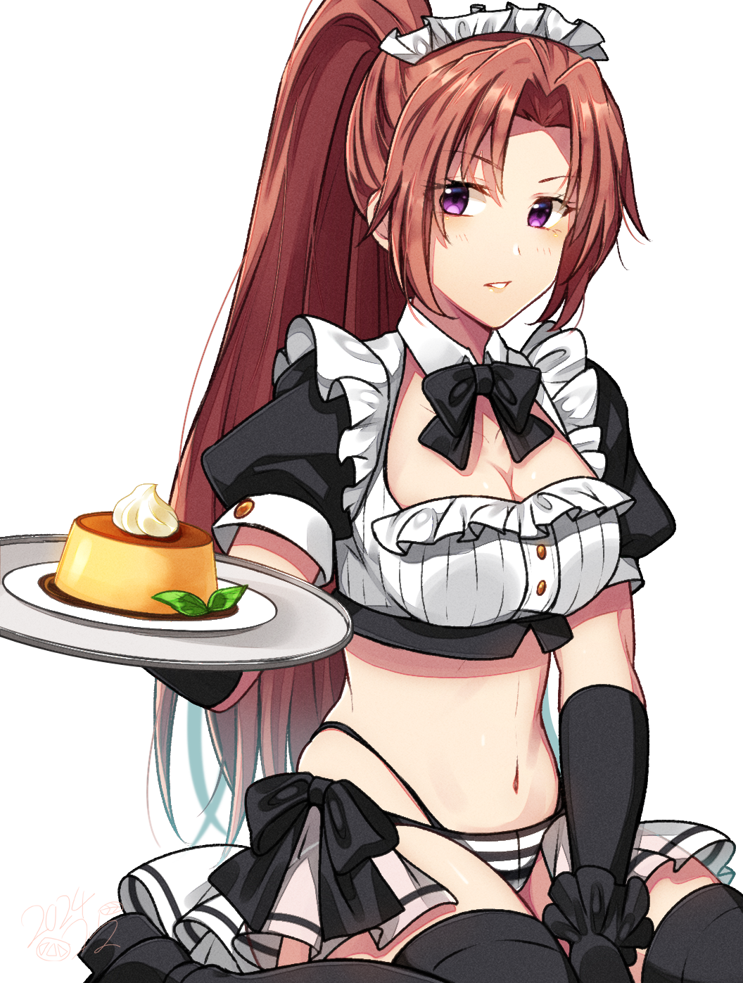 1girl alternate_costume apprentice_cleric_(goblin_slayer!) black_bow black_bowtie black_footwear black_thighhighs blush bow bowtie breasts cleavage detached_collar enmaided food goblin_slayer! highres holding holding_tray kankitukou large_breasts long_hair looking_at_viewer maid maid_headdress navel panties plate ponytail purple_eyes shiny_skin simple_background solo striped_clothes striped_panties teeth thighhighs tray underwear very_long_hair white_background