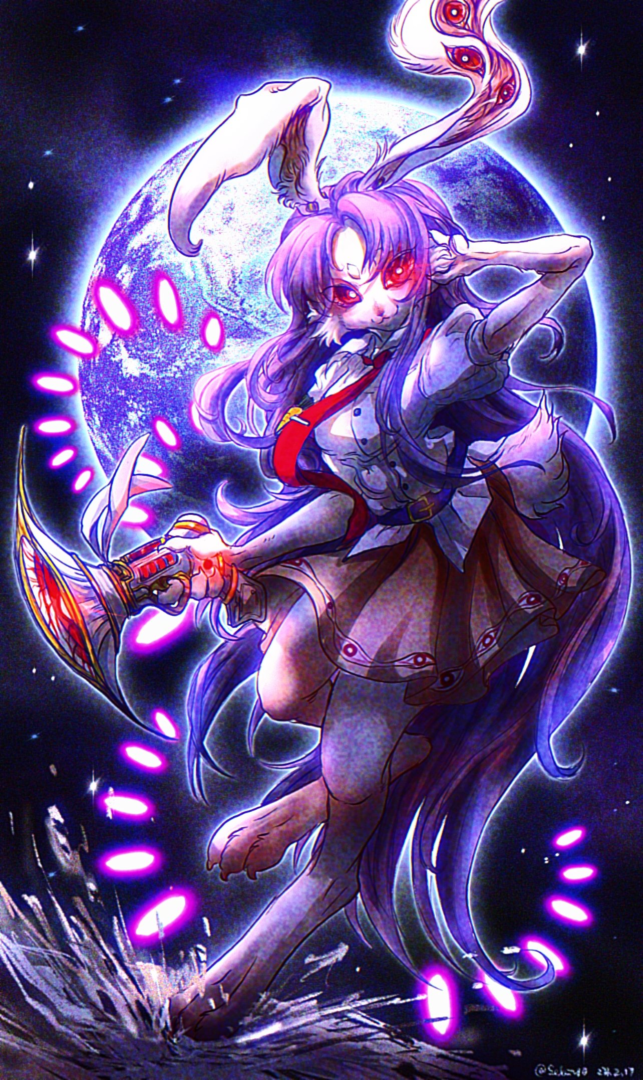 1girl :3 absurdly_long_hair animal_ears animal_hands barefoot belt breasts buttons closed_mouth collared_shirt commentary_request earth_(planet) extra_eyes eye_print full_body furrification furry furry_female glowing glowing_eyes gun hand_hair hand_in_own_hair highres holding holding_gun holding_weapon long_hair looking_at_viewer lunatic_gun medium_bangs medium_breasts necktie on_moon pink_skirt planet pleated_skirt puffy_short_sleeves puffy_sleeves purple_belt purple_hair rabbit_ears rabbit_girl rabbit_tail red_eyes red_necktie reisen_udongein_inaba sekiyo0220 shirt short_sleeves skirt smile solo space tail thick_eyebrows touhou very_long_hair weapon white_shirt
