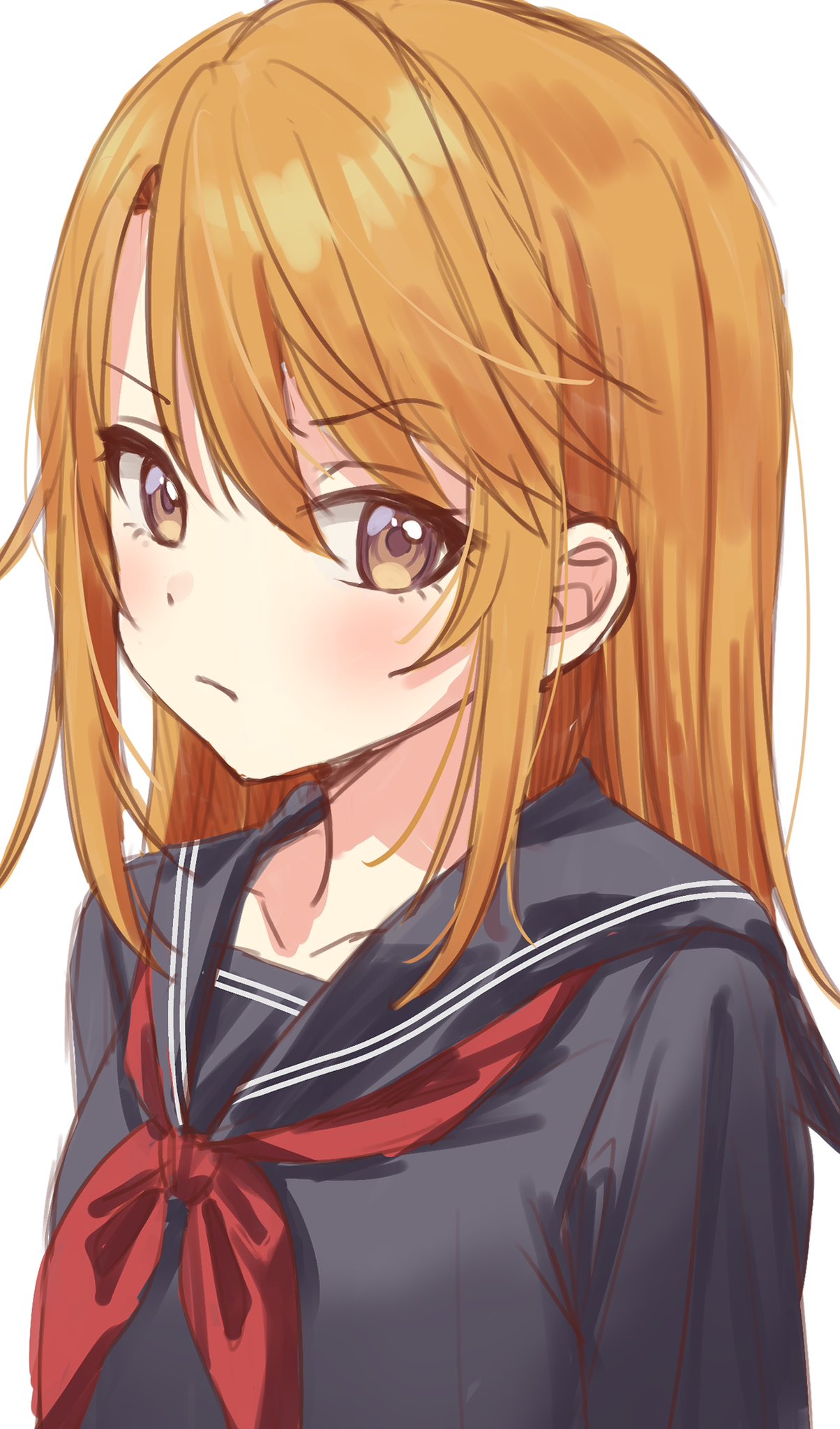 1girl arms_at_sides black_sailor_collar black_shirt blush brown_eyes collarbone dot_nose frown furrowed_brow hibiki_tohru highres idolmaster idolmaster_cinderella_girls long_sleeves looking_at_viewer neckerchief orange_hair red_neckerchief sailor_collar school_uniform serafuku shirt simple_background solo straight_hair upper_body white_background yuuki_haru