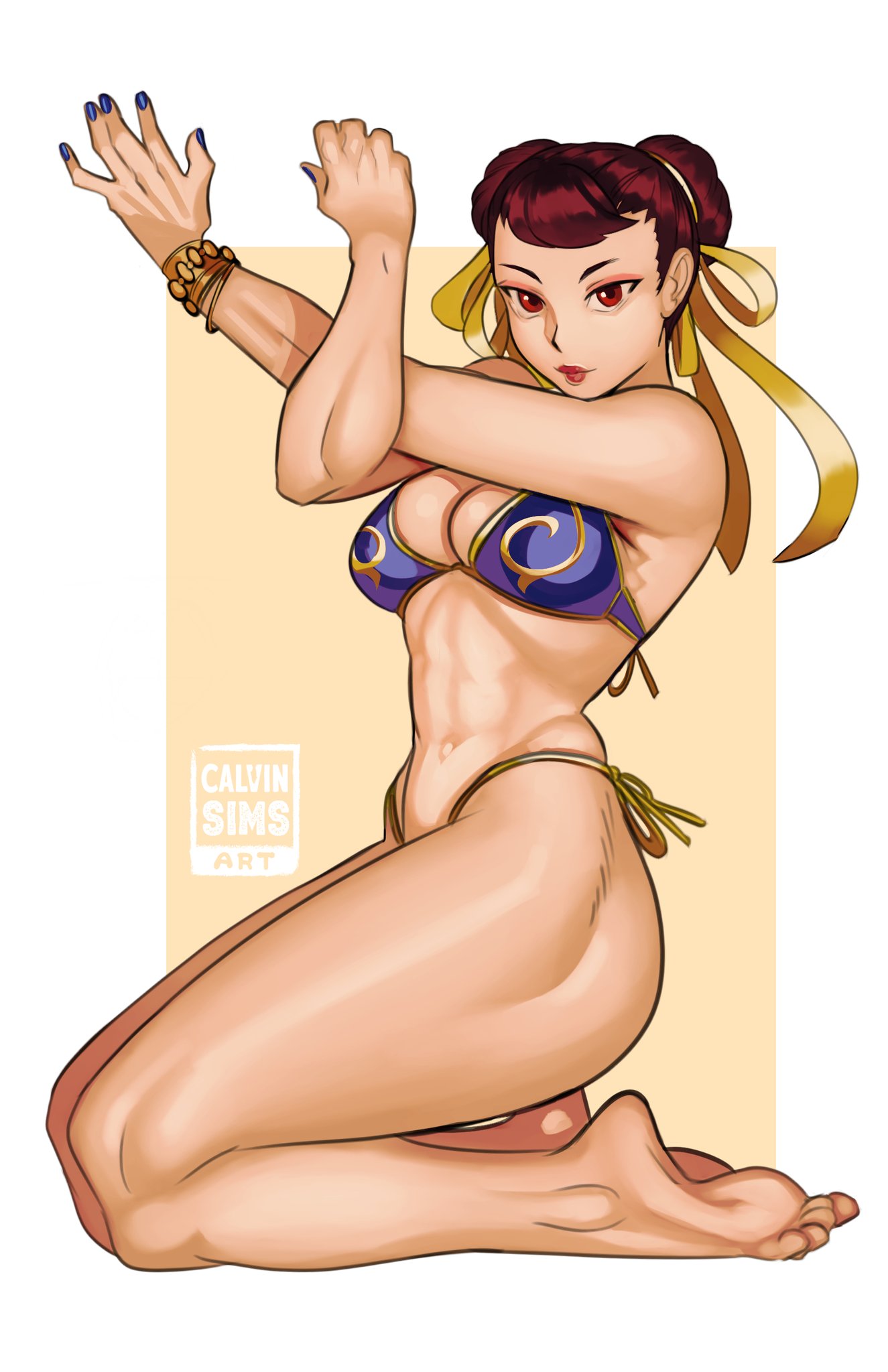 1girl artist_name ass bikini blue_bikini bracelet breasts brown_hair calvin_sims chun-li highres huge_ass jewelry lipstick makeup ribbon side-tie_bikini_bottom solo street_fighter swimsuit thighs yellow_ribbon