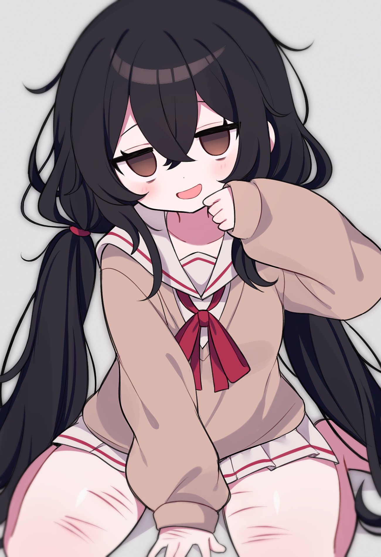 1girl bags_under_eyes black_hair blurry blurry_foreground brown_eyes brown_sweater clarevoir clenched_hand collarbone cuts empty_eyes false_smile grey_background hair_between_eyes hand_on_floor hand_up highres injury light_blush looking_at_viewer low_twintails messy_hair open_mouth original red_ribbon ribbon sailor_collar self-harm_scar simple_background sitting smile solo sweater thighs twintails wariza white_sailor_collar