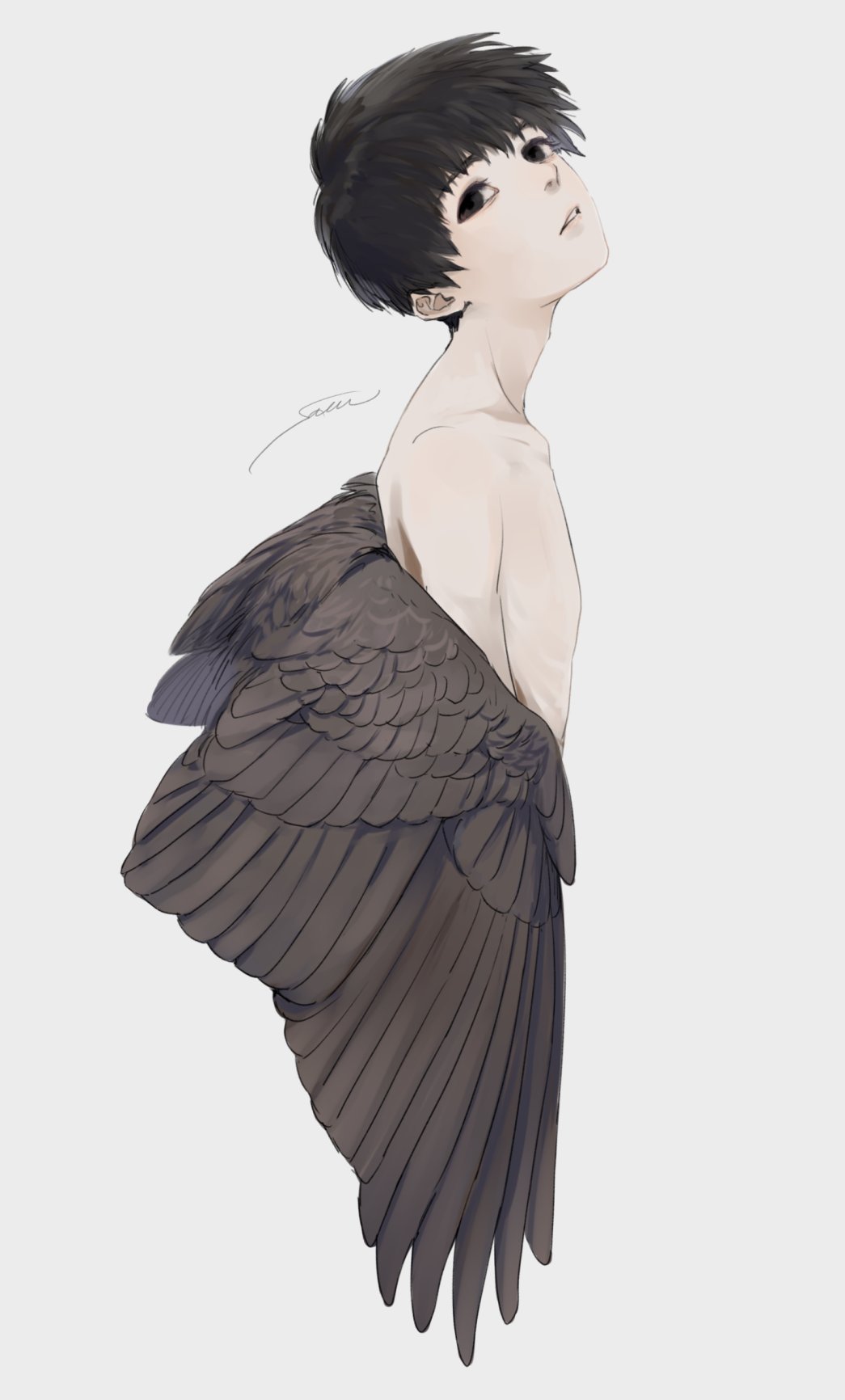 1boy bell7545 black_hair collarbone cropped_torso eyelashes feathered_wings from_side grey_background grey_wings highres looking_at_viewer looking_to_the_side male_focus nude original parted_lips short_hair sideways_glance signature solo wings