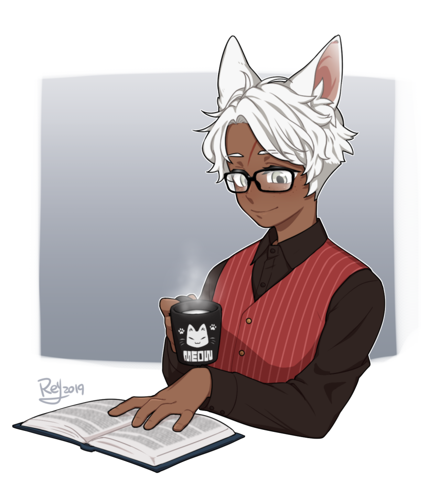 animal_humanoid beverage book brown_body brown_skin cat_humanoid clothed clothing eyebrows eyewear felid felid_humanoid feline feline_humanoid fingers glasses hair humanoid male mammal mammal_humanoid re-yyyyyy smile solo white_hair