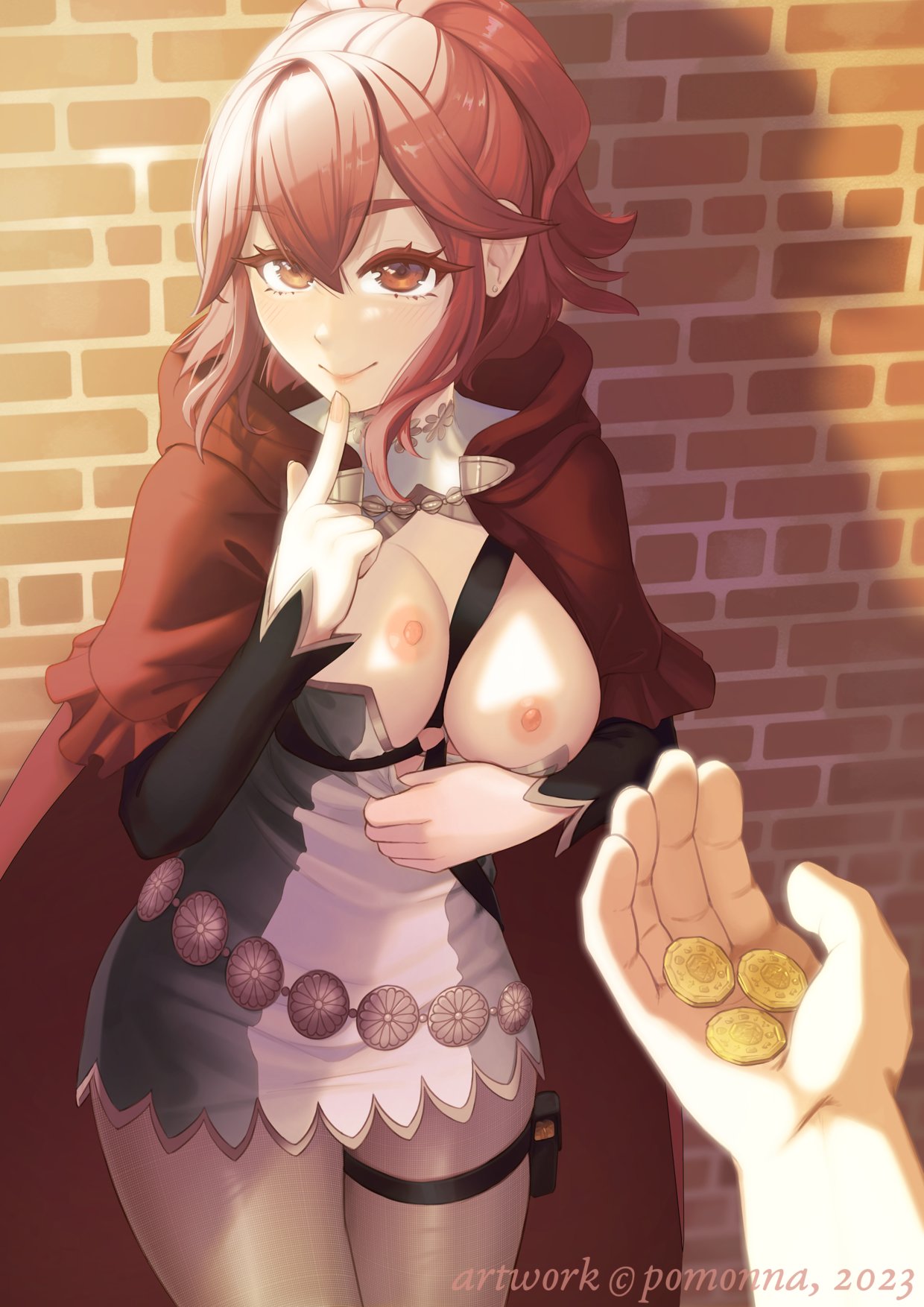 1girl anna_(fire_emblem) artist_name between_breasts black_dress black_pantyhose blush breasts breasts_out brick_wall cape coin dress english_commentary finger_to_face fingernails fire_emblem fire_emblem_fates hair_between_eyes highres holding holding_coin long_hair looking_at_viewer medium_breasts money nipples pantyhose pomonna ponytail pov red_cape red_eyes red_hair smile strap_between_breasts thigh_pouch thigh_strap two-tone_dress white_dress