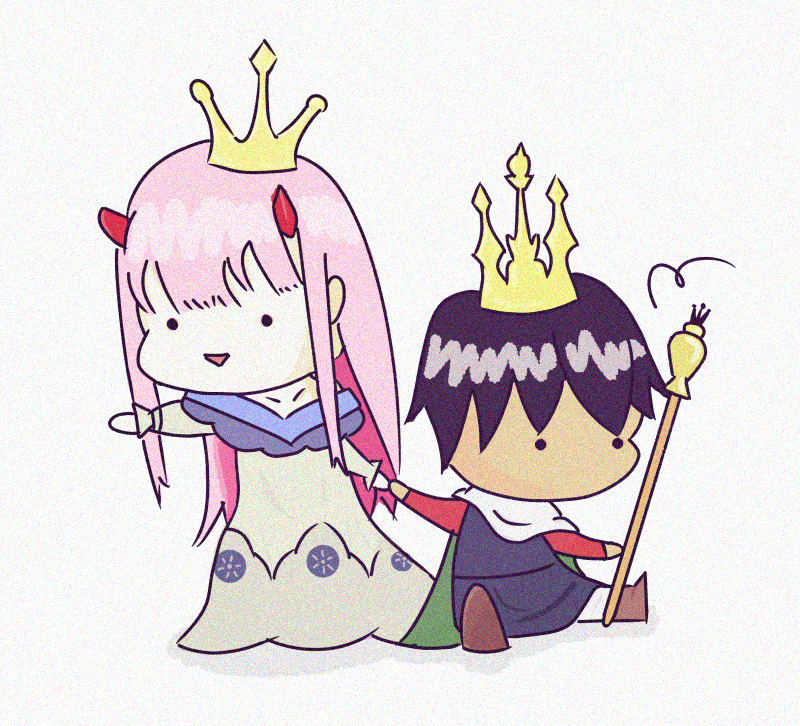 1boy 1girl black_hair chibi couple crown darling_in_the_franxx long_hair non-web_source pink_hair simple_background sitting zero_two_(darling_in_the_franxx)