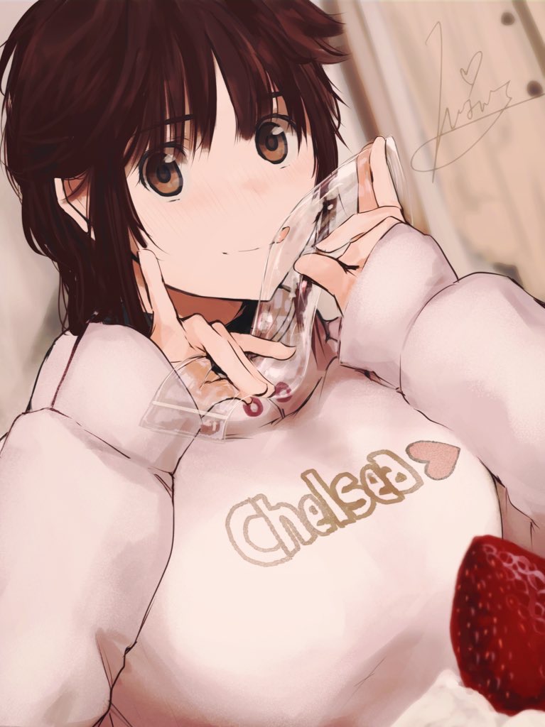 1girl amagami brown_eyes brown_hair cake food fruit indoors licking long_sleeves pink_sweater sakurai_rihoko short_hair signature solo strawberry strawberry_shortcake sweater tenpanco tongue tongue_out upper_body wrapper